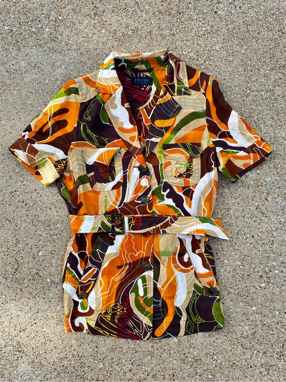 Escada Sport 100% Linen Belted Safari Shirt Jacket Abstract Print EU 42 US 10 12
